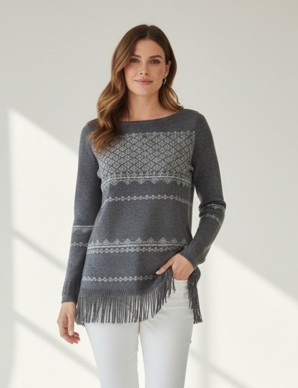 White House Black Market Gray Tunic Sweater, Size M Silver Threads Fringe Chic